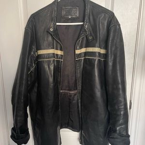 Oversized vintage leather jacket with racing stripe